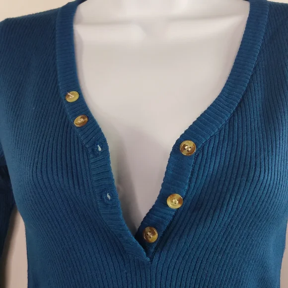 Teal Soft and Stretchy Ribbed Knit Long Sleeve Henley Top - Picture 11 of 11